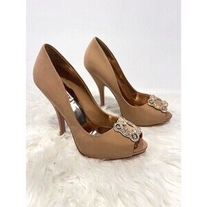 Badgley Mischka Gayla Satin Embellished Peep Toe Heels Pumps Nude Size 8.5